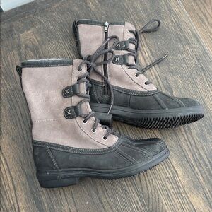 Clarks Carima Luna winter boots, black/gray, faux fur lining, size 7